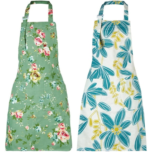 ABCPOW 2 Pack Floral Aprons with 2 Pockets,Adjustable Kitchen Cooking Aprons for Women Vintage Cute Rose Pattern Apron Chef Bakers Apron for Baking Gardening Apron Gift for Mom Wife Sister Grandma