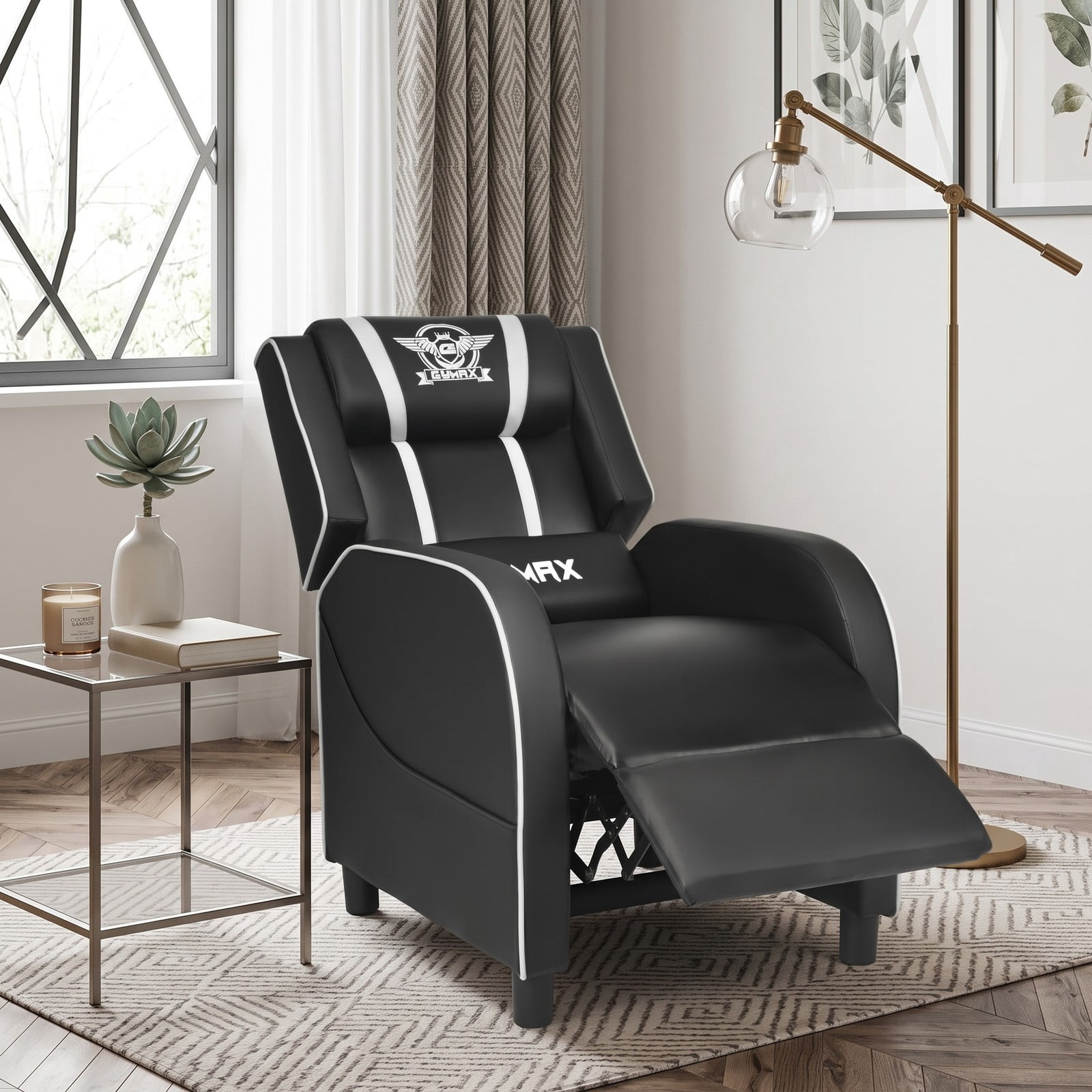 Furnibear Massage Gaming Recliner Chair, Ergonomic PU Leather Racing Style Reclining Sofa with Footrest, Lumbar Massage, Headrest Pillow and Remote for Home, White