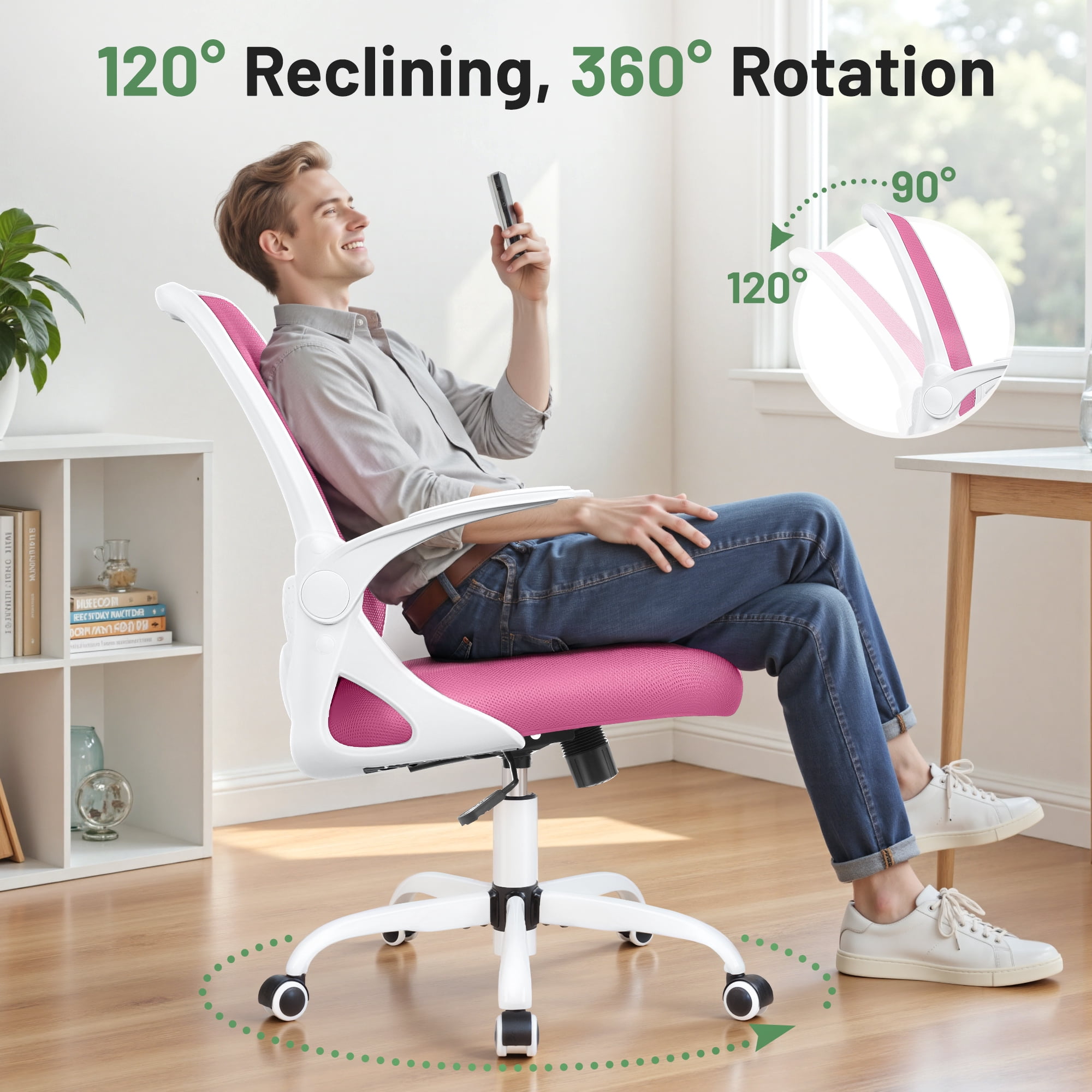 ATHOPE Office Chair, Ergonomic Desk Chair with Lumbar Support Adjustable Height Swivel Wheels Flip-up Arms Mesh Computer Gaming Chair for Home Office, Pink