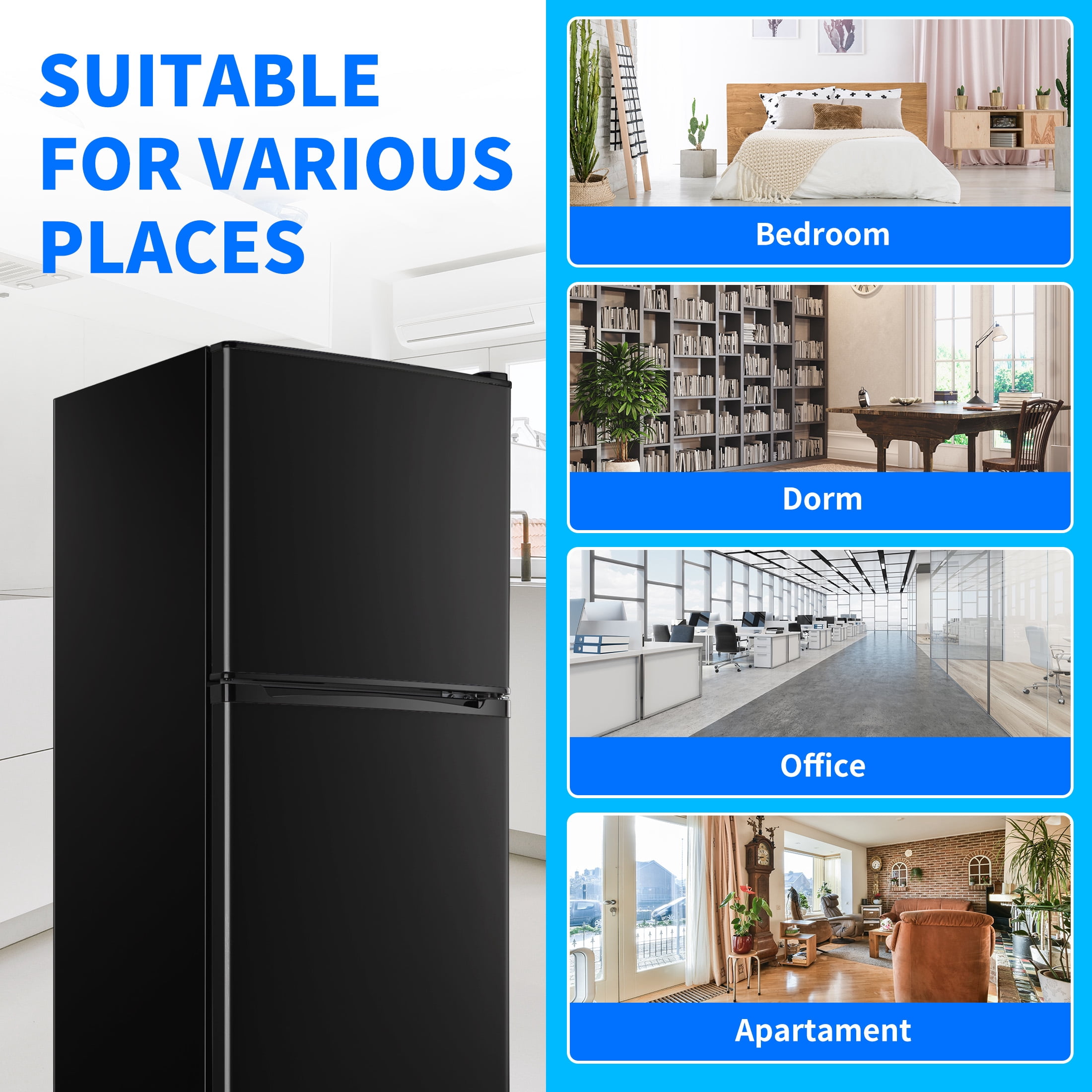 WANAI Mini Fridge with Freezer Black 4.5 Cu. Ft 2-Door Compact Refrigerator Dorm Apartment 7 Adjustable Thermostats 4 Removable Shelves
