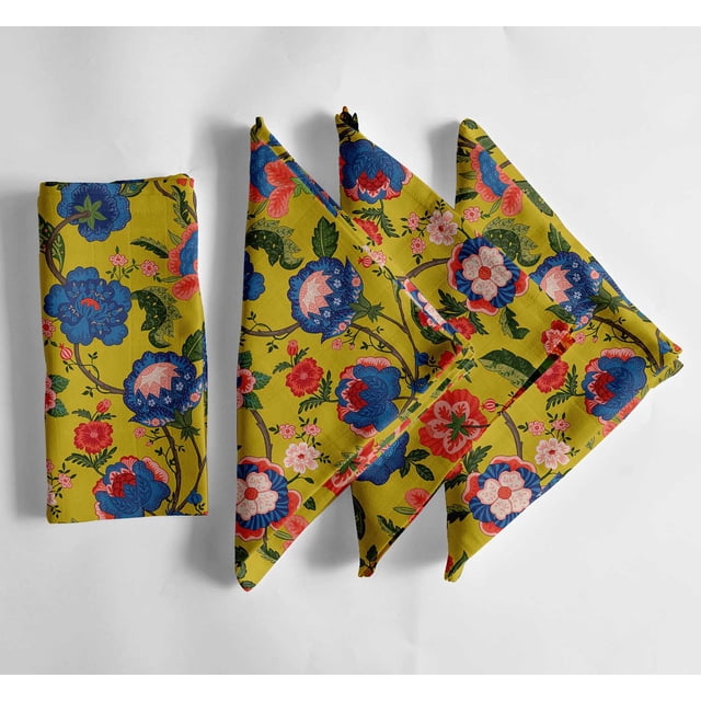 Vargottam Yellow Floral Print Cotton Muslin Napkins - Set of 12, 20-Inch, Luxurious Soft Cloth Napkins for Dining & Events, Absorbent, Washable & Tableware