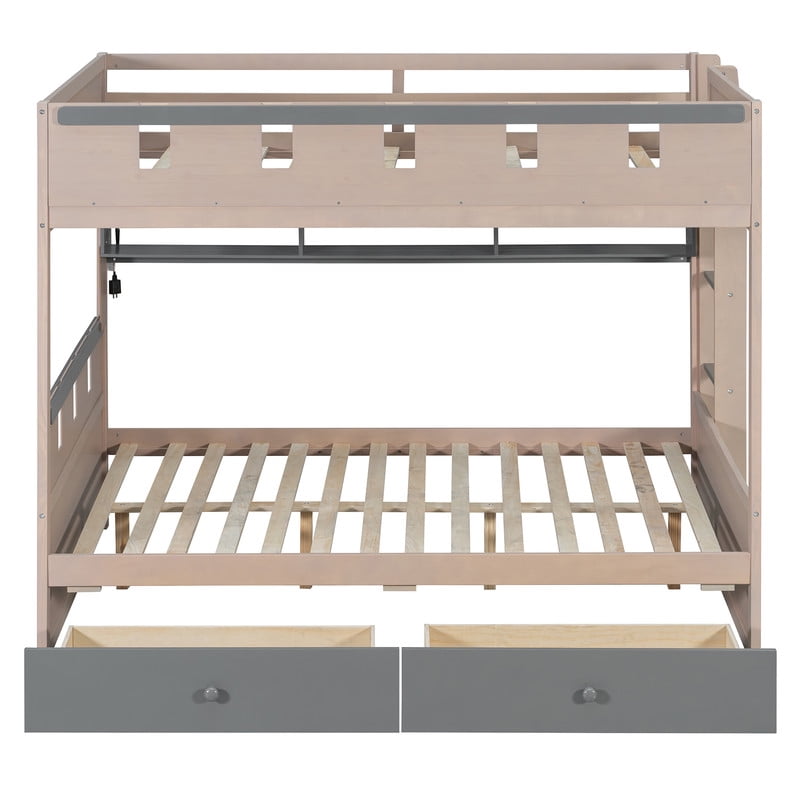 Full Size Castle-Designed Kids's Bunk Bed with Built-in Ladder & LED Strip, Storage Wooden Bed Frame with 2 Drawers & Shelves