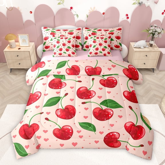 Homewish Cartoon Red Cherry Twin Bedding Sets 7-Piece for Teens, Yummy Summer Fruit Bedding Comforter Set, Kawaii Love Heart Reversible Sheet Sets, Super Cozy Room Decor