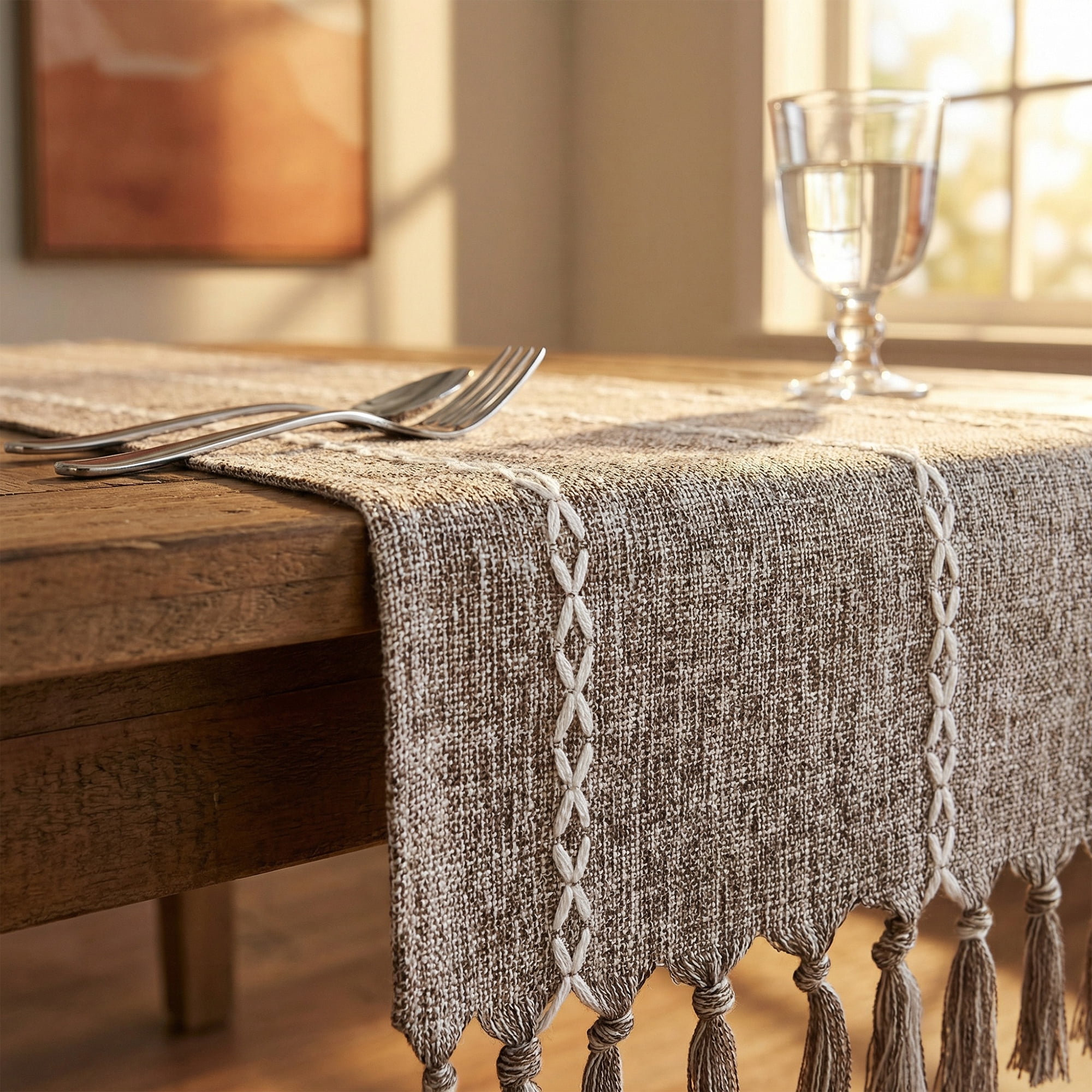 Unique Bargains Washable Polyester Kitchen Runner with Tassel for Dining Brown 13"x72"