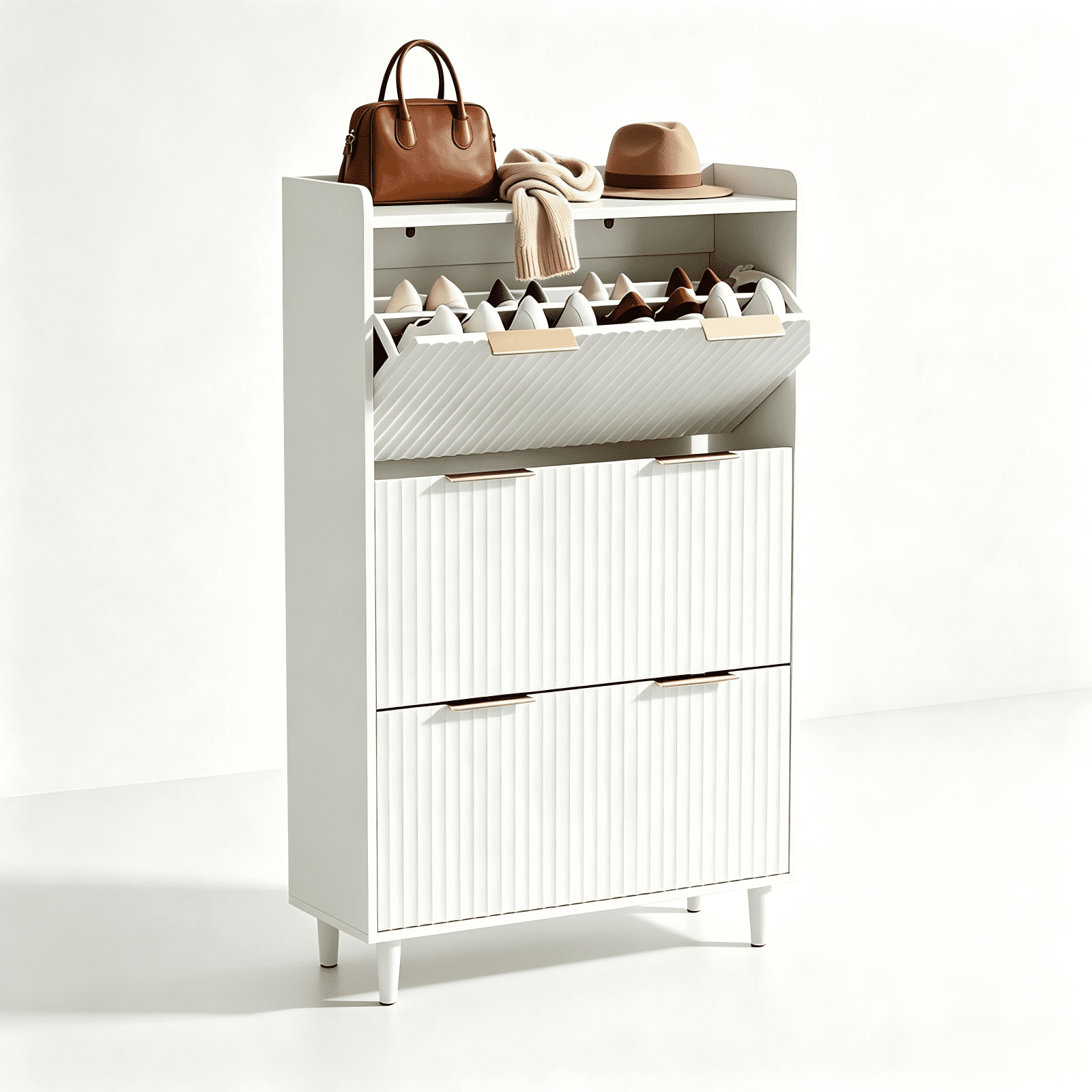 3-Drawer Shoe Cabinet with Top Grille Panel MDF Door Panels with Thermoforming + Champagne Gold Door Seams and Handles + Conical White Legs for the Shoe Cabinet, 31.61*9.45*52.95in, White
