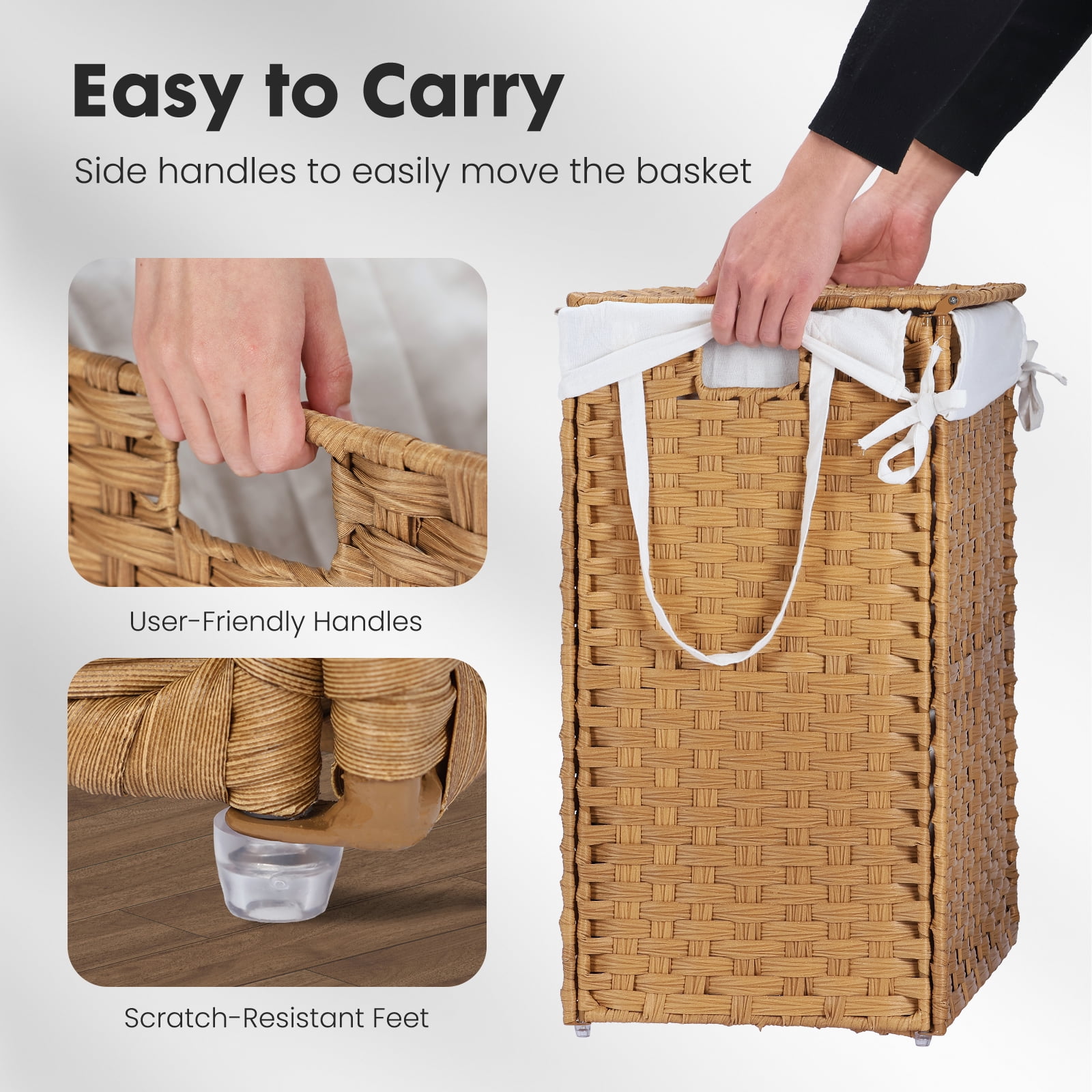 GIANNA Laundry Hamper with Lid, 110L Synthetic Rattan Clothes Laundry Basket with Lid and Handles, Foldable, Removable Liner