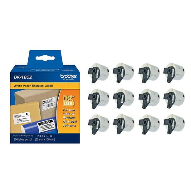 Brother Genuine DK-1202 Die-Cut Shipping Paper Labels, 300 Labels per Roll, 12 Rolls (For Use With QL Label Printers)