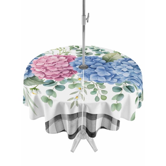 Outdoor Tablecloths with Umbrella Hole & Zipper, Blue Pink Hydrangea Round Tablecloths 60 Inch, Eucalyptus Leaves Summer Botanical Plaid Waterproof Table Cloth, Patio/Pool/Picnic Table Covers