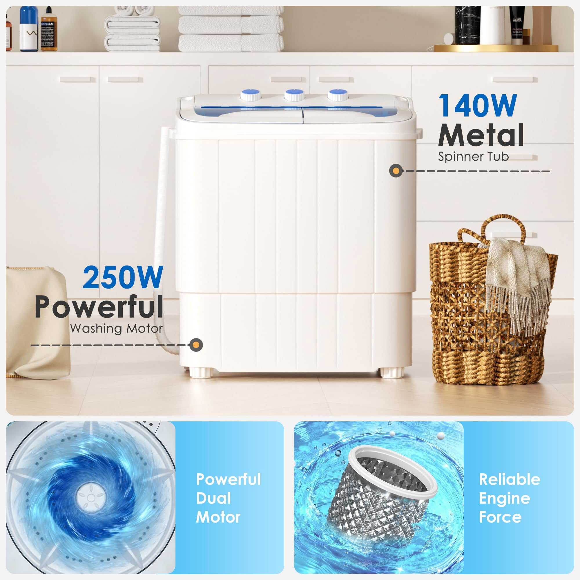 INTERGREAT Portable Washer and Dryer, 16 lbs Twin Tub Mini Laundry Machine, Compact Washer with Spin Dryer for Apartment Dorm RV Camping, Blue