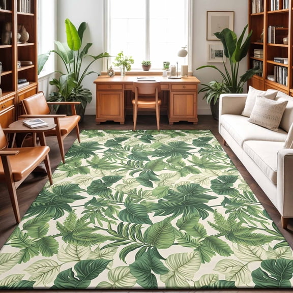 Area Rugs 3'x5', Green Palm Leaves Carpet Runner Indoor Outdoor Rugs Home Decor Aesthetic, Summer Botanical Watercolor Non Slip Mats Washable Accent Rug for Living Room Bedroom