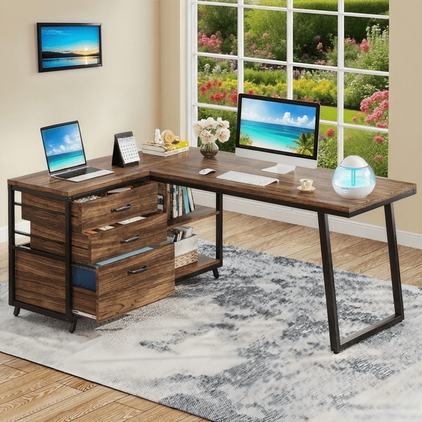 53" Reversible L-Shaped Computer Desk With 3 Drawers & Shelves - Spacious Workstation For Home Office, Study & Gaming (Rustic Brown)