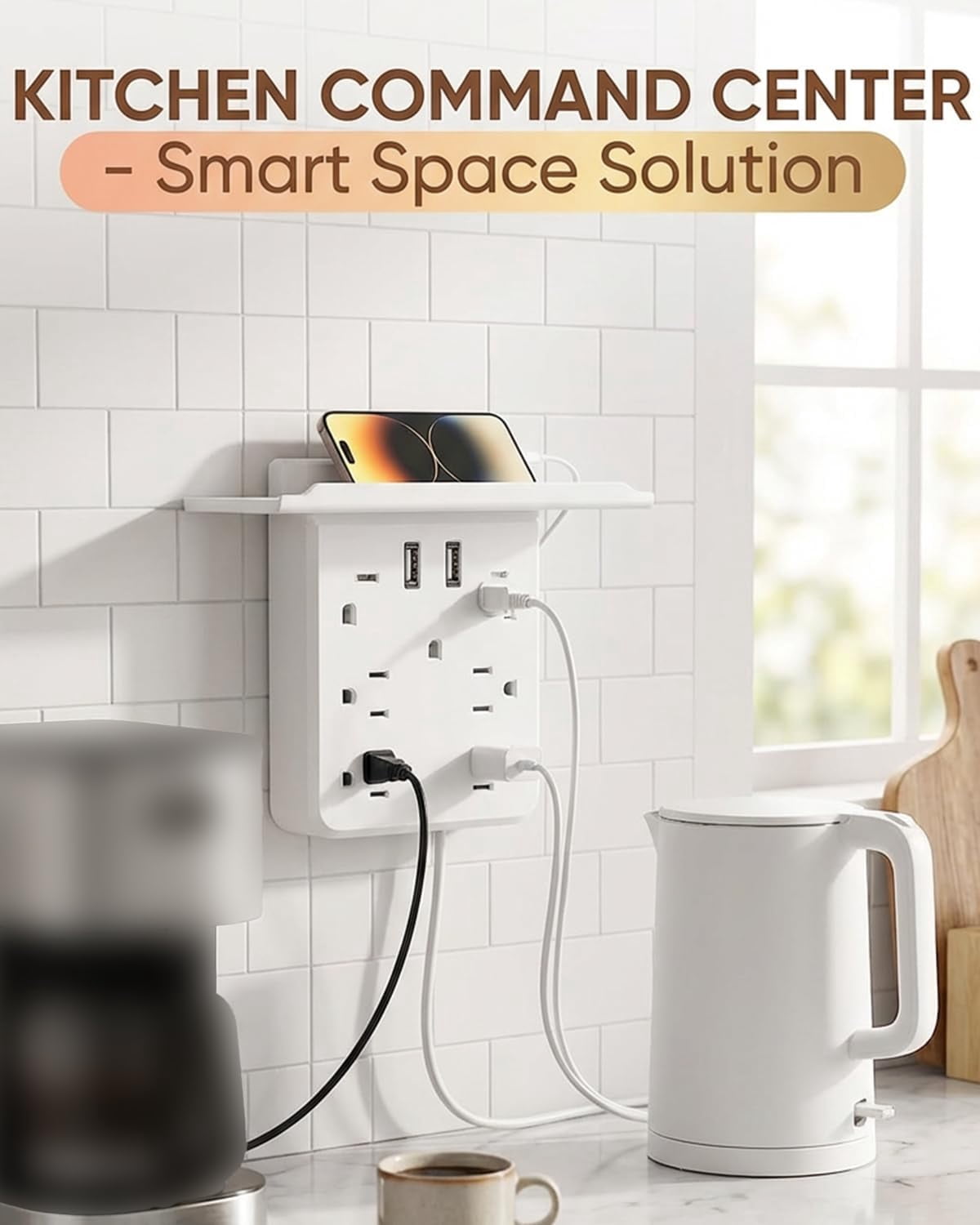 Multi-Functional Power Strip with Panel,Wall Outlet Extender with Shelf,6-Outlet Surge Protector with USB-A & USB-C,for Home Office, Bedroom, Kitchen, Travel