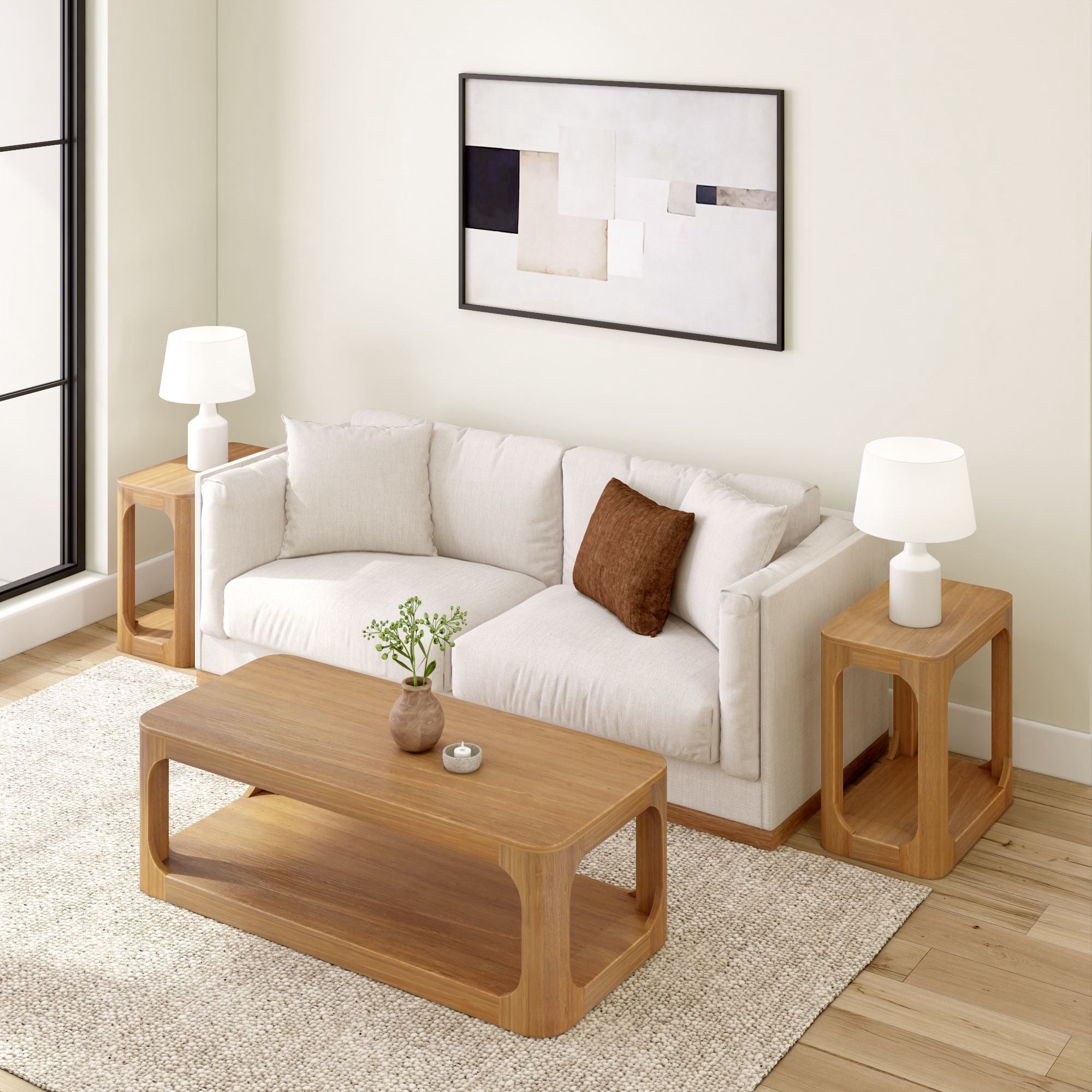 Plank+Beam Solid Wood Forma Coffee Table, 54" Modern Coffee Table with Storage Shelf, Pecan