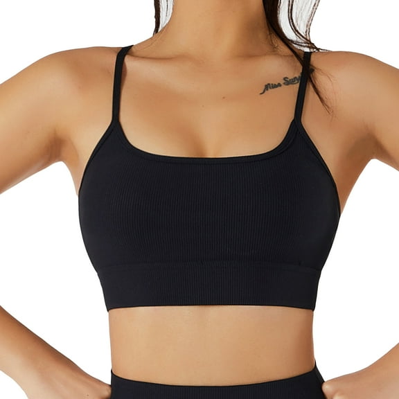 SWSMCLT Women's Yoga Crop Top Summer Quick Dry Ribbed Fitted Gym Workout Camisole Shirt with Built-in Bra Push Up Support Padded Cami Sexy Black 12