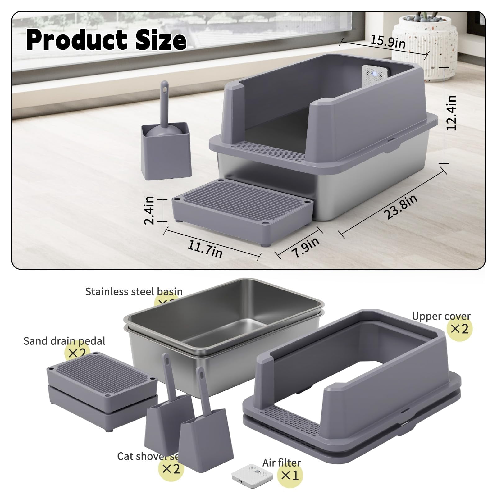 Stainless Steel Litter Box For Cats: Gray Leakproof Open Top Tray - Teflon Non-stick Coating Large Size Odor Control Cats Under 20 Lbs With Deodorizer 2 Pack
