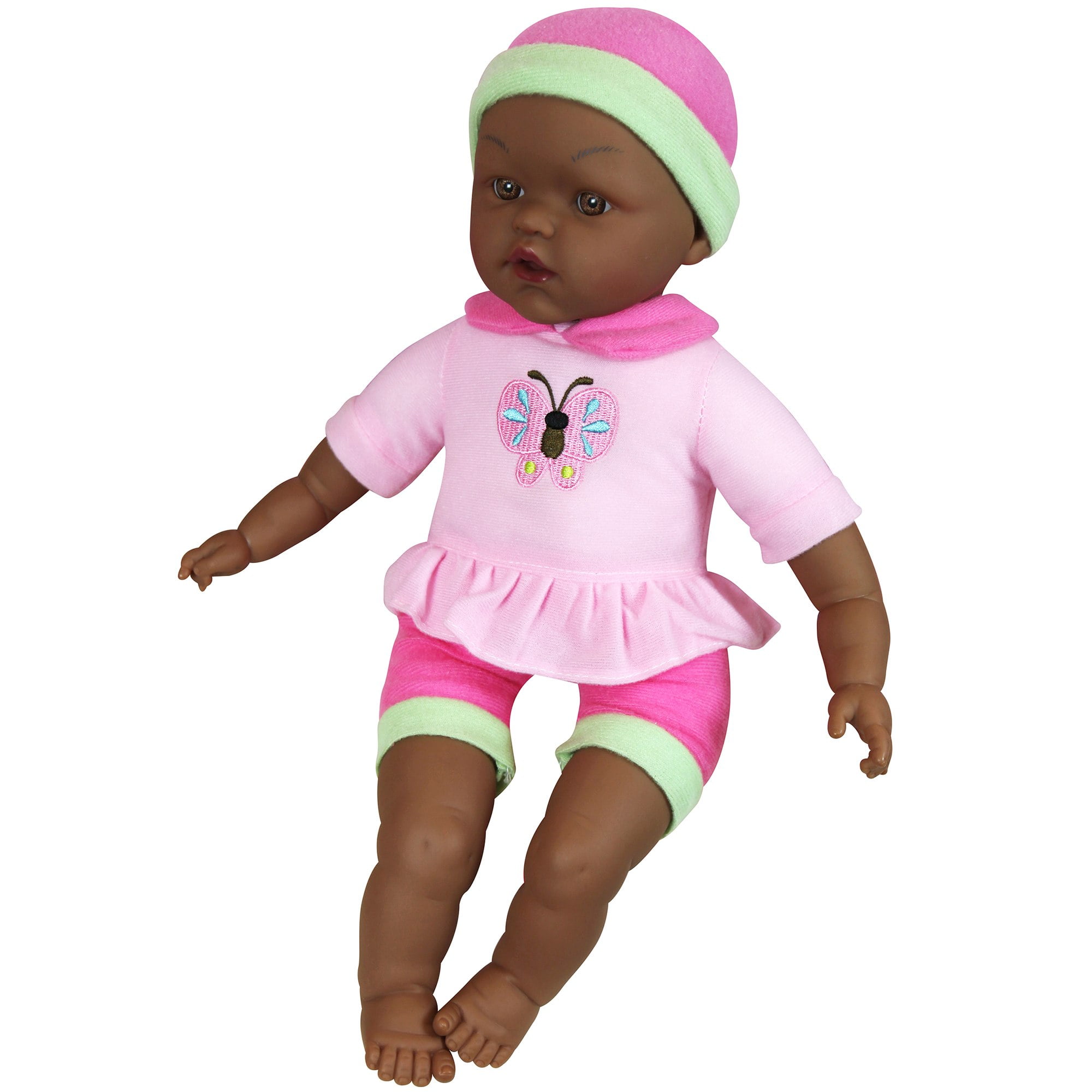 Lissi: Umbrella Stroller & 16" African American Doll - Pink & Green Butterfly Outfit & Hat, Foldable Push Stroller, Toy Feeding Accessories, Kids 3+