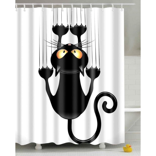 Cortina de ducha DIY, divertido patrón de gato, con ganchos (gato negro, 180x180)