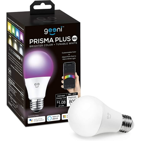 

Prisma Plus 800 Wi-Fi LED Smart Light Bulb Brighter Color & Tunable White (2700-6500K) 1-Pack A19 60W No Hub Required Light Bulb Works with Alexa Google Home