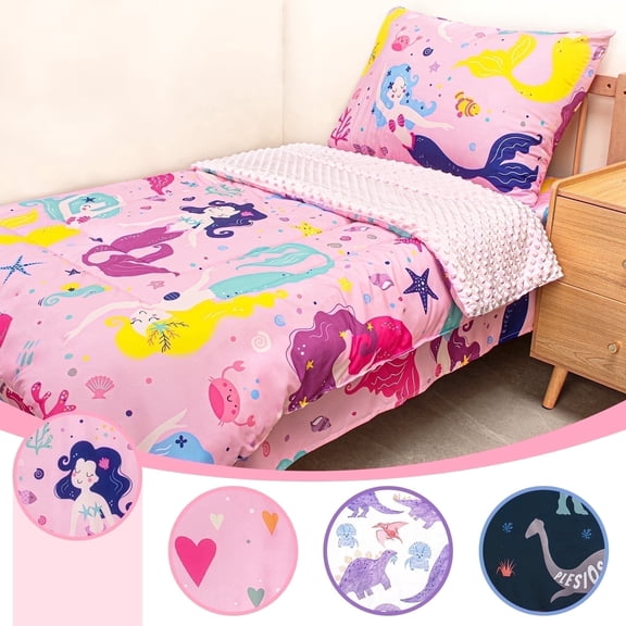 Beavtaens 4 Piece Toddler Bedding Set, Breathable and Soft Baby Sheet Set, Includes Quilted Comforter, Flat Sheet, Fitted Sheet and Pillowcase for Girls (Mermaid)