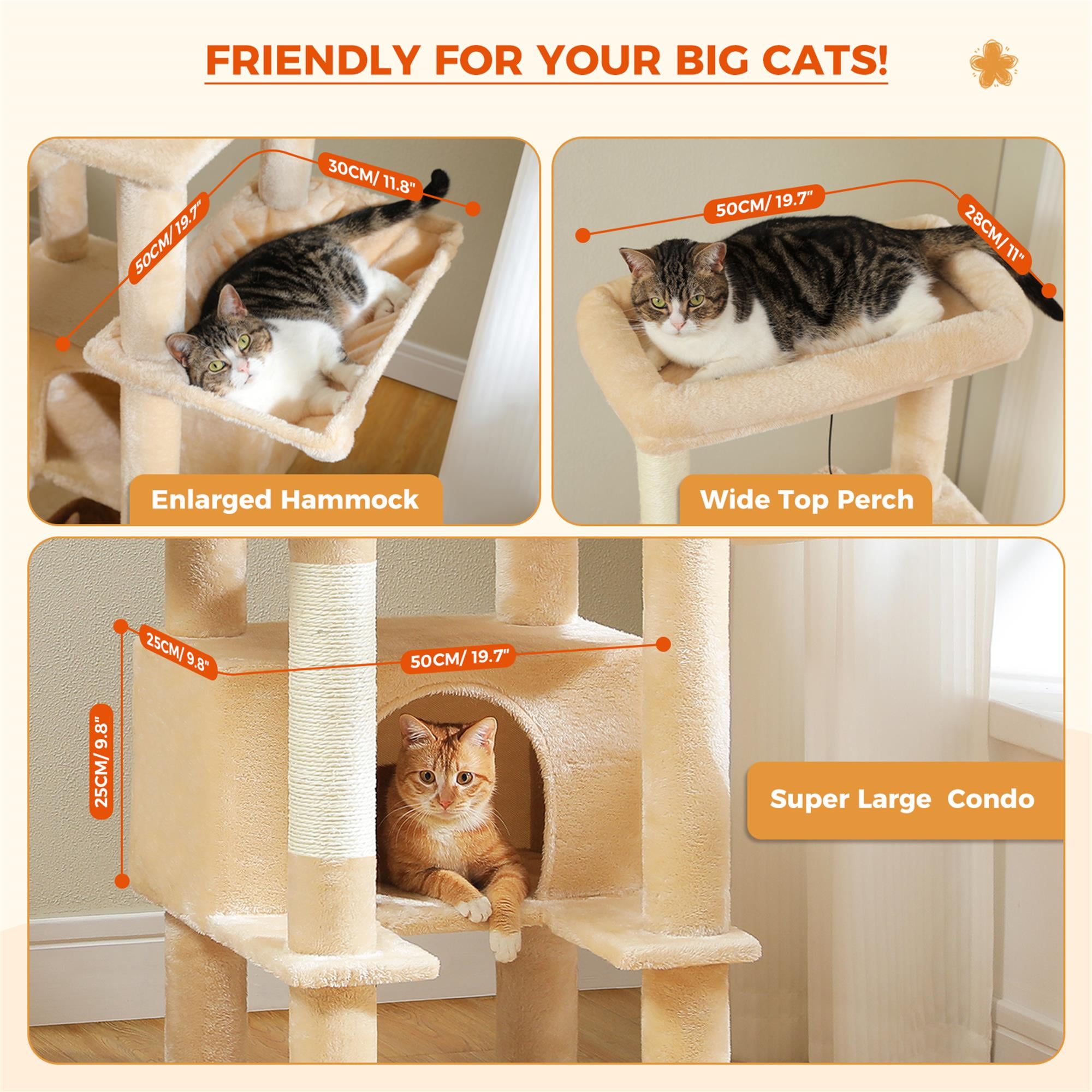 Kadyn 66" Cat Tree Tower for Big Cats, Cat Tree House Furniture with Hammock, Indoor Cat Condo for Adult Cats, Beige