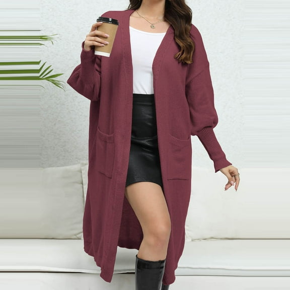 Babysbule Plus Size Womens Sweaters New Arrivals Women's Slouchy Woven Sweater Double Pocket Lantern Sleeve Sweater Cardigan Sweater Coat Women's Fashion