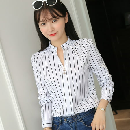 Women's Loose Striped Tops Stand-Collar Blouse Long-Sleeved Shirts ...