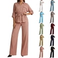 thumbnail image 7 of Purcolt Womens 2 Piece Matching Pant Set Dressy Casual Collared Roll Up Long Sleeve Button Front Shirt Full Length Wide Leg Trousers Business Work Office Outfits, 7 of 7