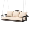 thumbnail image 2 of 3 Person Wicker Hanging Outdoor Patio Porch Swing Bench with Cup Holders, Cushions, and Chains for Garden, Yard, Lawn, Brown, 2 of 11