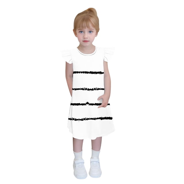 Robe d'Été pour Petites Filles Nouvelle Robe d'Été à Manches à Volants Robe d'Été pour Enfants 4-14t Robe Trapèze Style B-19 Blanc 4 Ans