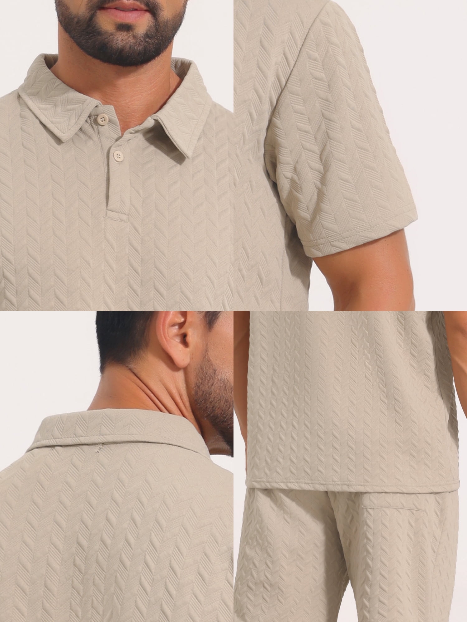 DARING DIVA Men's 2 Pieces Jacquard Polo Shirt & Drawstring Shorts Outfits L Beige