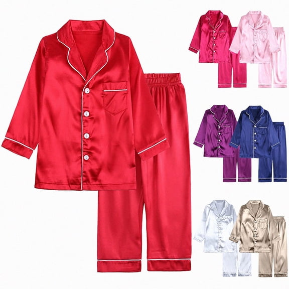 Crunowin Boys And Girls Outfit Sets Soft Silk-Look Long Sleeve Round Neck Top and Elastic Waist Long Pants Breathable Sleepwear Red Size 2T