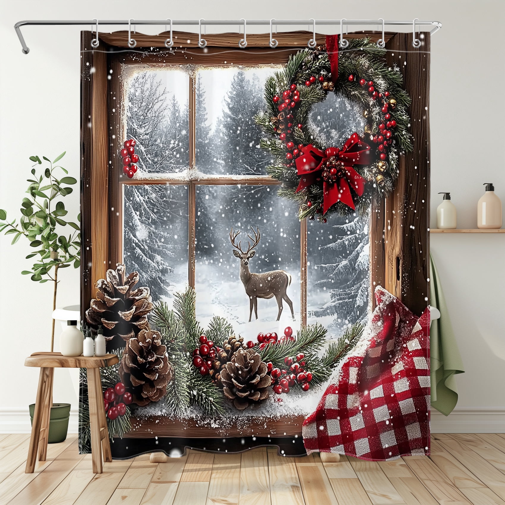 NEONWE Christmas Snowy Shower Curtain Farmhouse Window Wreath Winter Forest Deer Rustic Holiday Bathroom Shower Curtain Home Decor Polyester Waterproof Fabric with 10 Pack Plastic Hook 72" X 60"