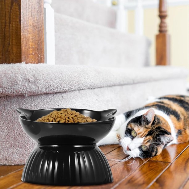 Comedero elevado para gatos, ajustable, blanco y negro, desmontable, inclinable, de pie, para vómitos, de cerámica, para gatos y perros pequeños, artículos esenciales para mascotas