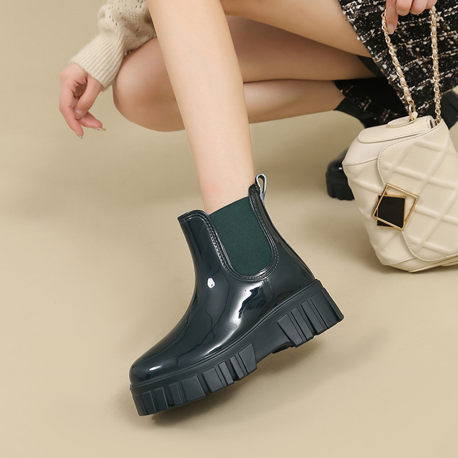Mepaouo Women's Short Rain Boots Rubber Waterproof Elastic Slip on Chelsea Ankle Garden Shoes(Green,7.5)