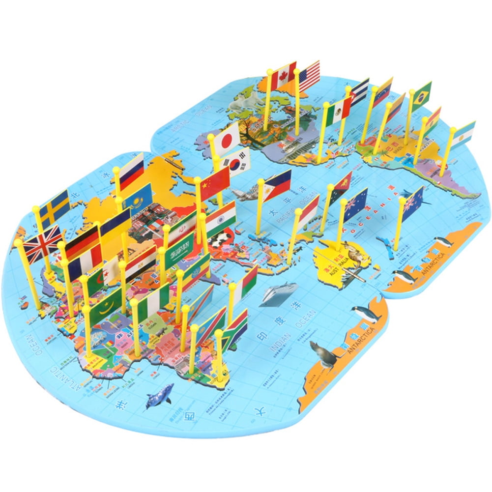 Wooden World Map and 36 Flags Matching Puzzle Geography for
