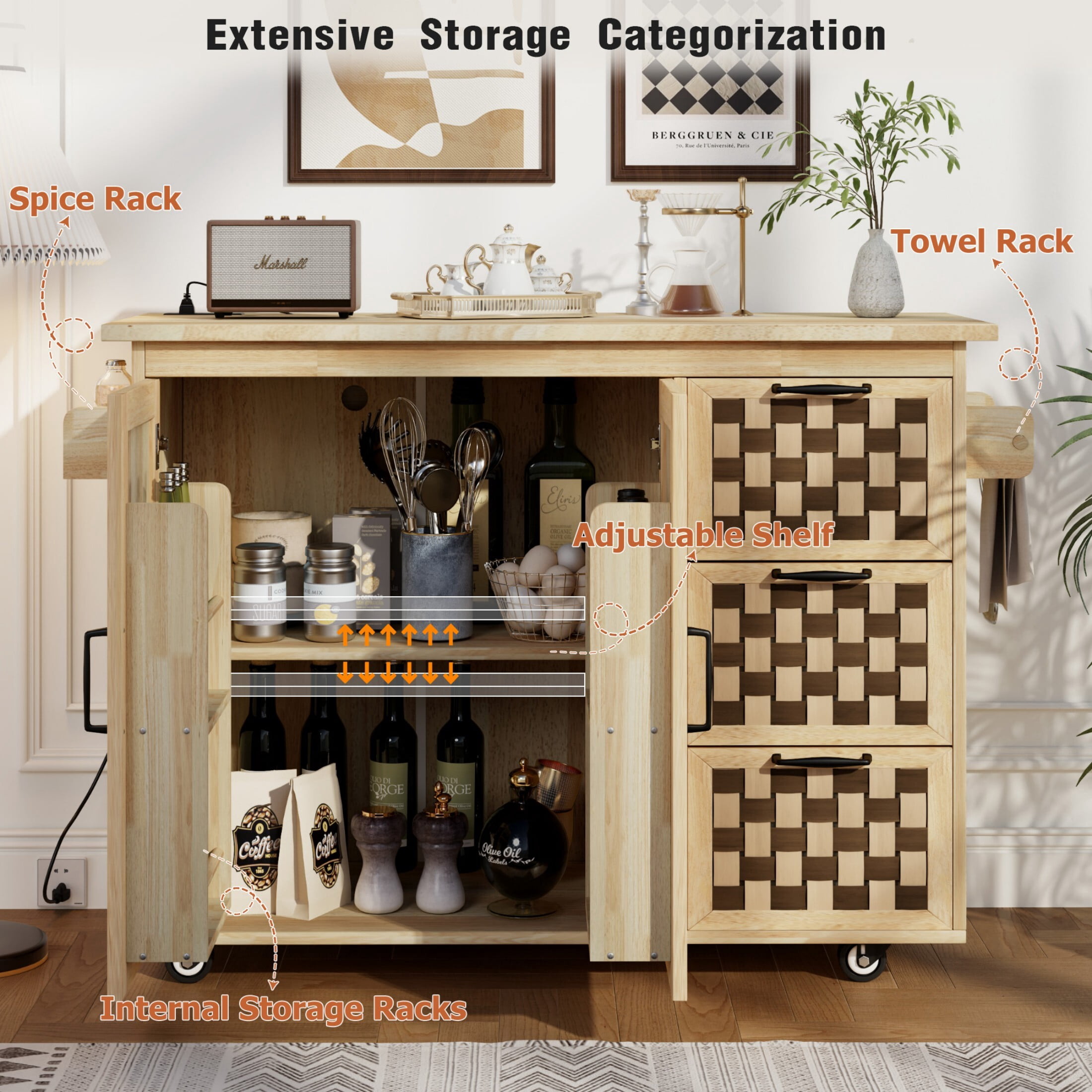 DEALTOPS 53.2'' Kitchen Island with Power Outlet and Drop Leaf, Moving Woven Checkerboard Design Kitchen Storage Carts, Natural