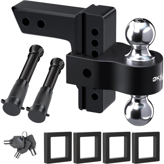 RONGTUO Adjustable Trailer Truck Drop Hitch, Fits 2-Inch Receiver, 6" Drop Dual Ball Mount 2" and 2-5/16", 12,500 lbs GTW, Heavy Duty Aluminum Towing Hitch with 2 Locks & 4 Silencer Pads