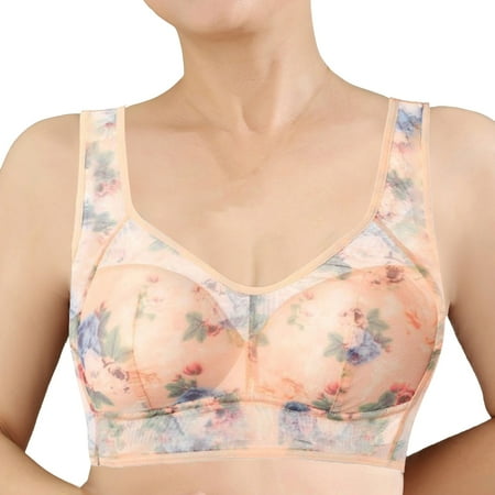 QYZEU Ladies Bras Padded Mesh Lace Seamless Comfort Bra Wireless Push Up Flower Print Everyday Bras Full Coverage Lightweight Thin Underwear Beige M