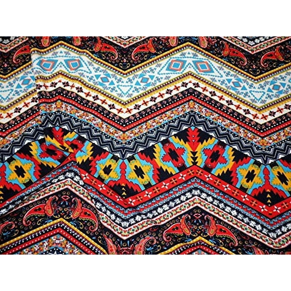 Printed Liverpool Textured Fabric 4 Way Stretch Chevron Paisley Aztez Red Navy I506