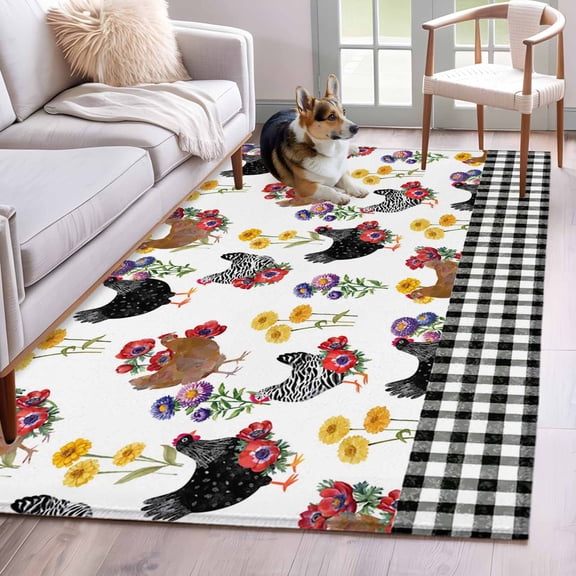 Area Rug for Living Room, Farmhouse Rooster Non-Slip Indoor Large Carpet for Bedroom/Dining Room, Country Watercolor Flowers Black Plaid Washable Low-Profile Rectangle Floor Runner Rugs - 4 x 6 Ft