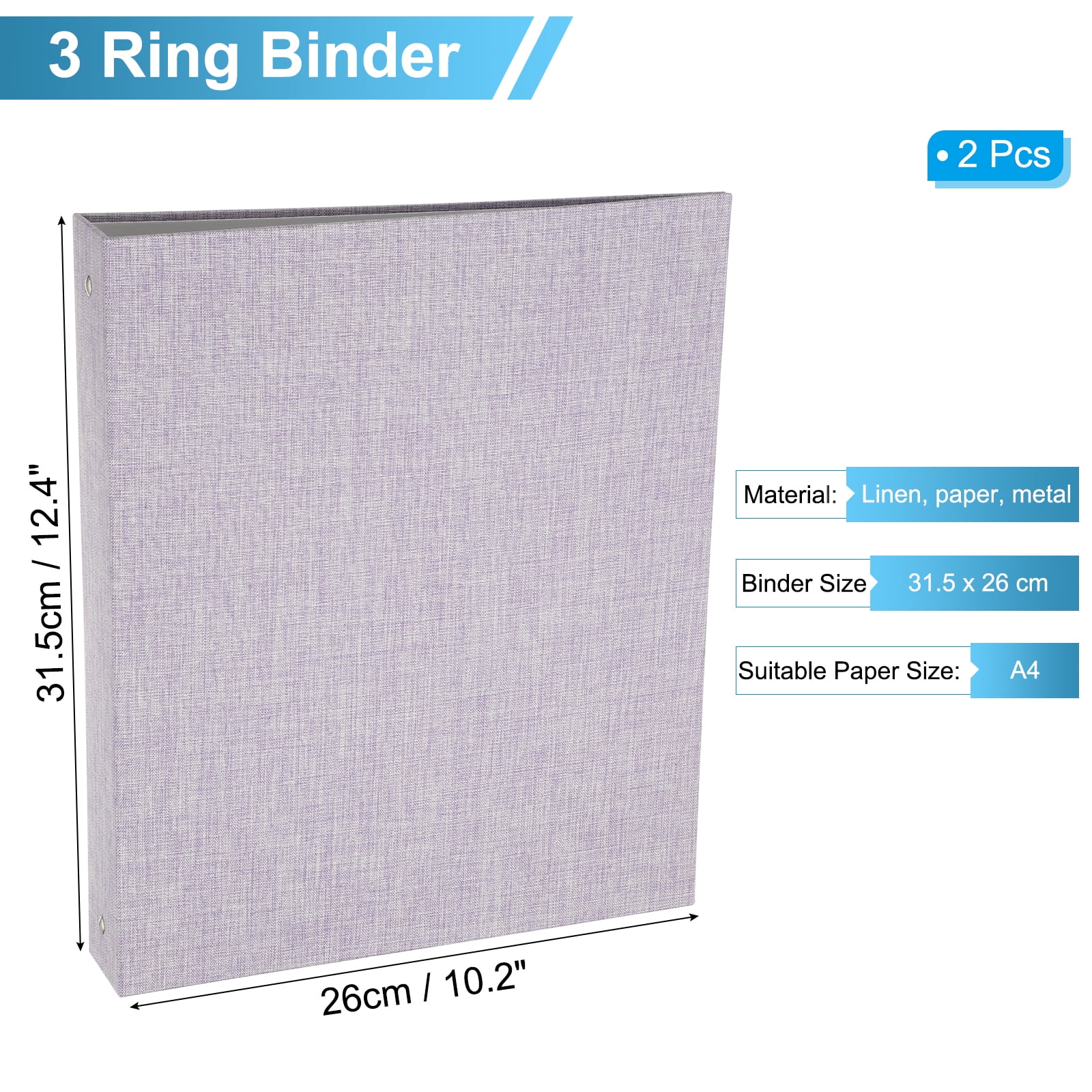 Uxcell 3 Ring Binder, 2 Pcs A4 Size Flexible Round Binder Big Capacity Linen Planner Binder for Business Home Classroom, Light Purple