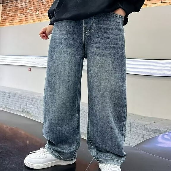 CPNG Boys Baggy Jeans for Kids Teen Casual Straight Wide Leg Cargo Jeans with Pockets Y2K Streetwear Fall Loose Fit Elastic Waist Denim Pants