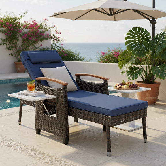 Hommoo Adjustable Wicker Recliner Chair with Footrest & Removable Cushions, PE Rattan Patio Seating for Backyard, Porch & Balcony, Navy