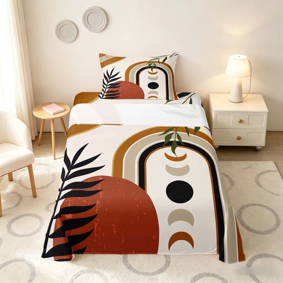 Manfei Boho Celestial Twin Sheets, Mid Century Art Bedding, Brown, Green and Black, Reversible 3 Pieces1 Flat Sheet + 1 Fitted Sheet + 1 Pillowcase