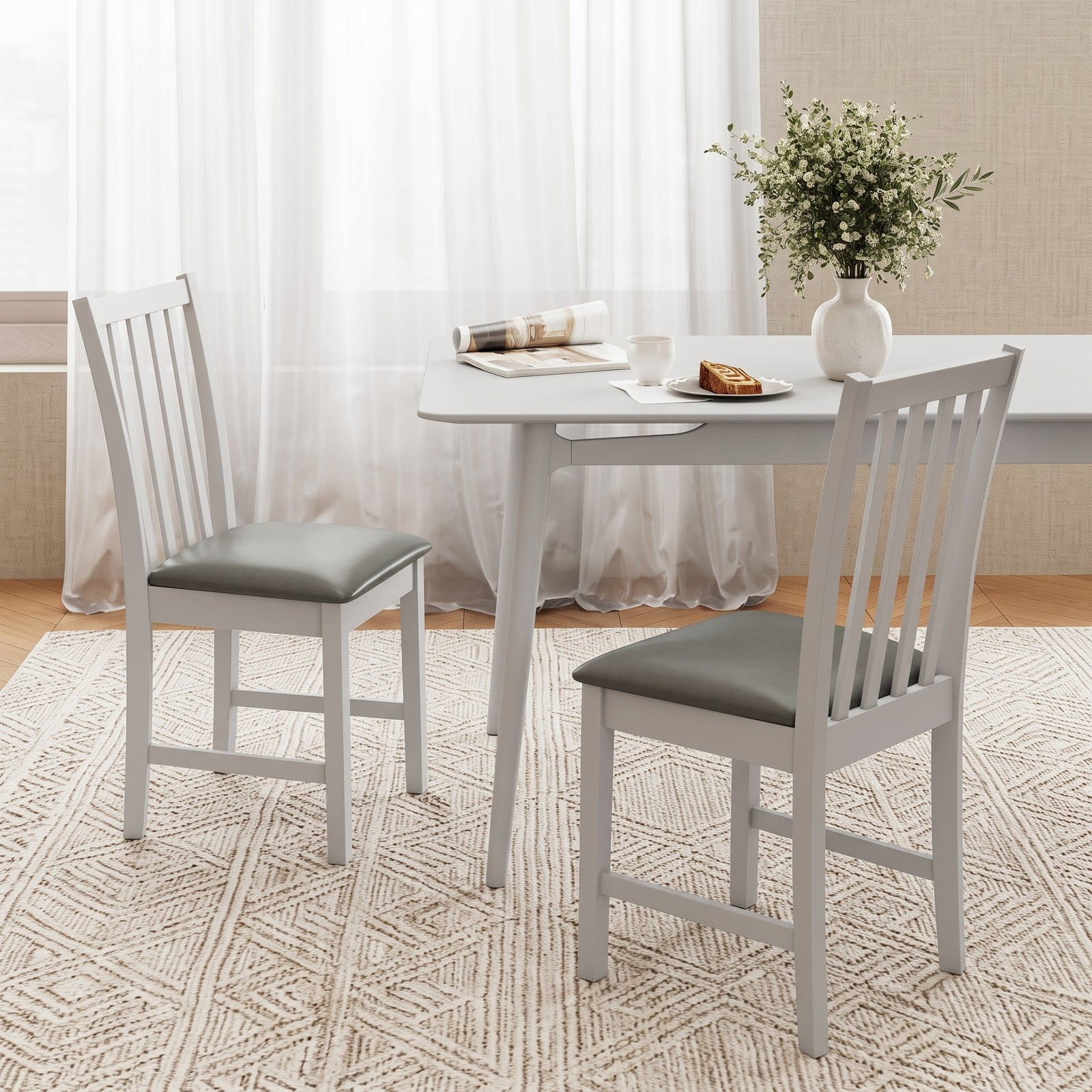 Furnibear Wooden Dining Chair Set of 2, Rubber Wood Kitchen Side Chairs with Padded PVC Leather Seat, Ergonomic Curved Back, Armless Accent Chairs for Dining, White