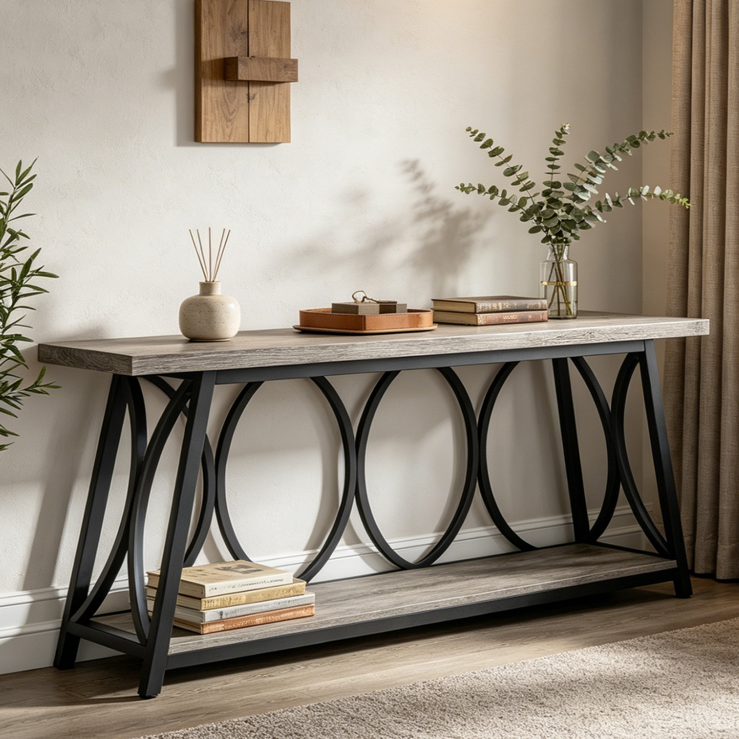 Fnova 70.87" Extra Long 2-Tier Console Table, Industrial Sofa Table with Decorative Circular Metal Frame,  Entryway Hallway Behind Couch Storage Console
