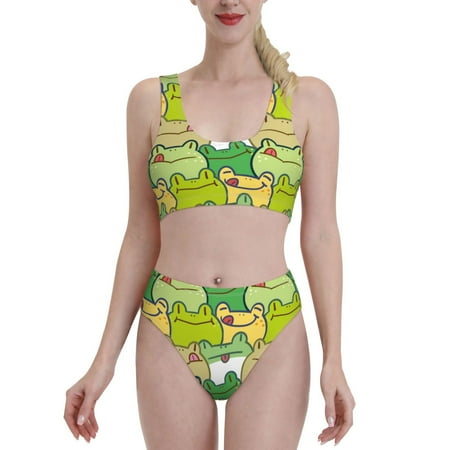 Bixox Cartoon Frog Pattern Two-Piece Sports Bikini with U-Shaped Top and High-Waist Bottom - Women s Swimwear with Removable Bra Pads