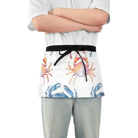

Many Crabs Waist Apron Adjustable Server Half Apron Kitchen Cooking with 3 Pockets for Men Women