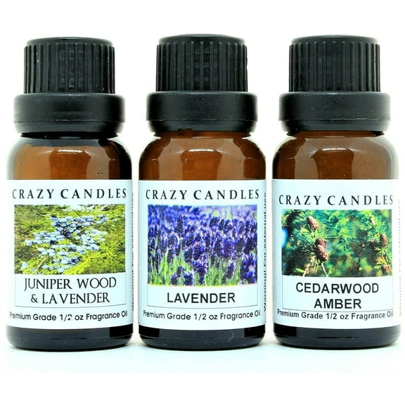 Crazy Candles 3 Bottles Set, 1 Juniper Wood & Lavender, 1 Lavender, 1 Cedarwood Amber 1/2 Fl Oz Each (15ml) Premium Grade Scented Fragrance Oils