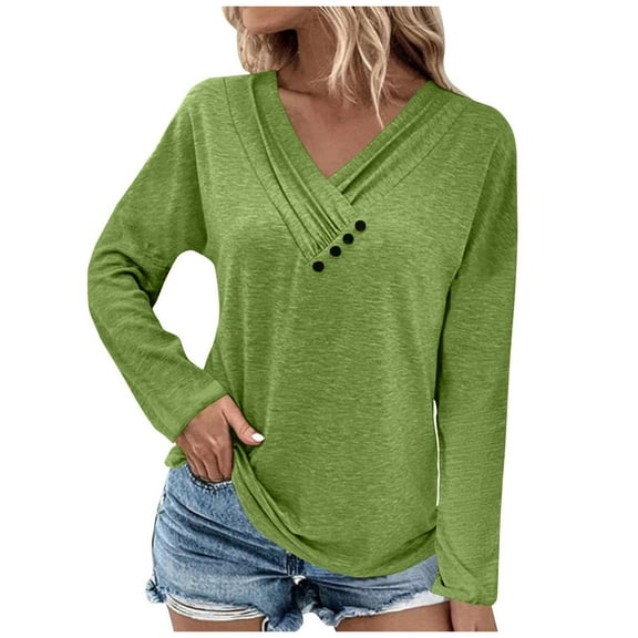 LEAVINGSUO Long Sleeve T-Shirt Women's Fashion Solid Loose T-Shirt Long Sleeves Blouse V-Neck Casual Tops